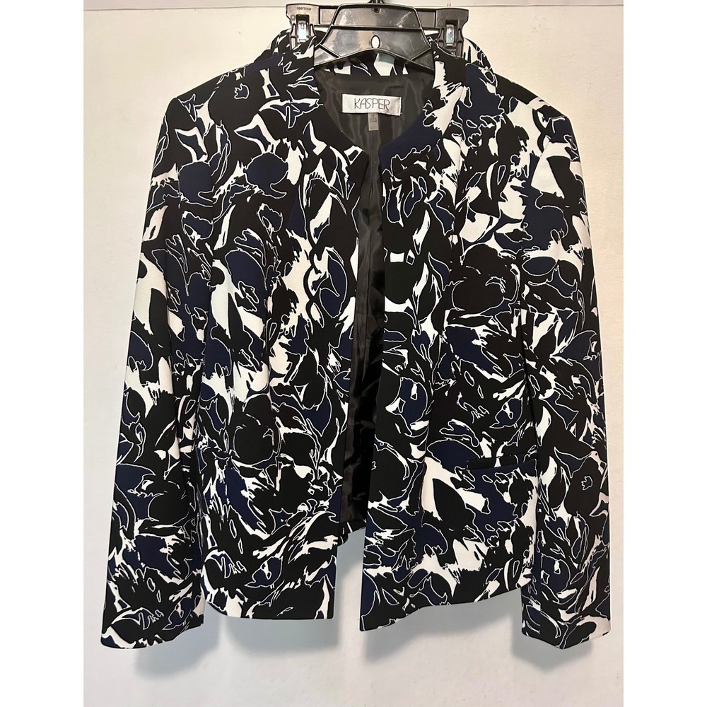 Kasper Womens 2 Piece Skirt Suit Set 16 Blue Black White Abstract Floral Blazer